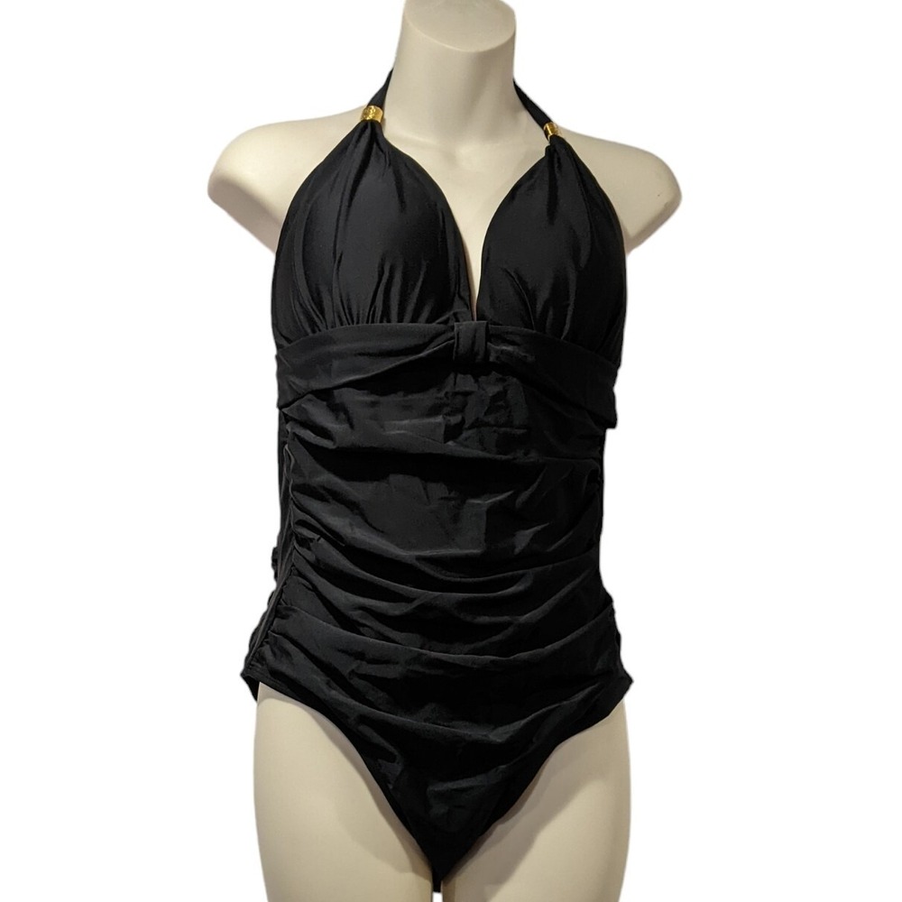 Aqua Eve Women's One Piece Swimsuit Size XL Black   Halter Top Tie Tummy Control
